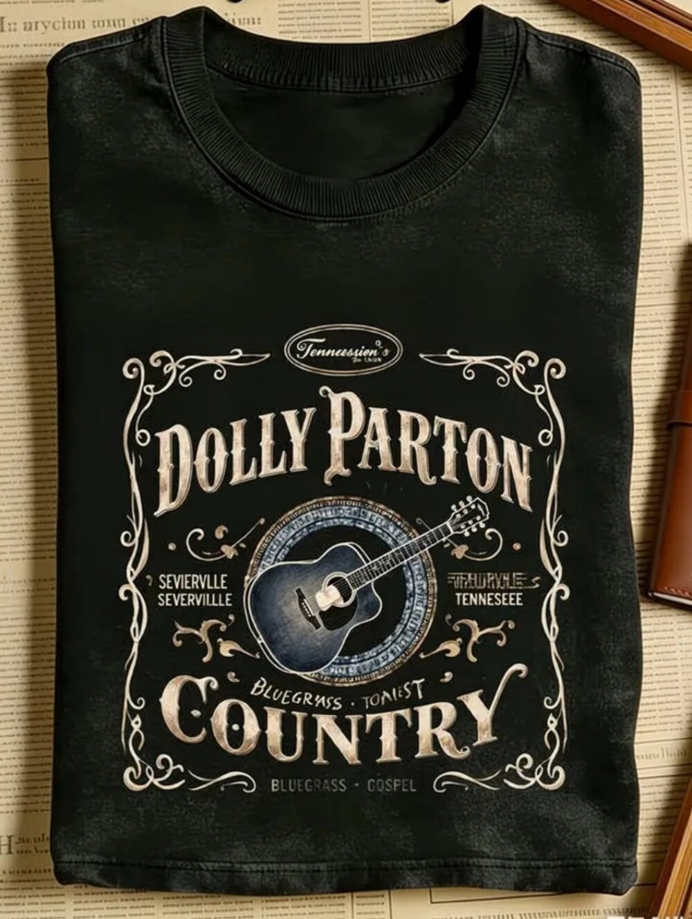 Dolly Parton Black Graphic Tee - Country Guitar Design